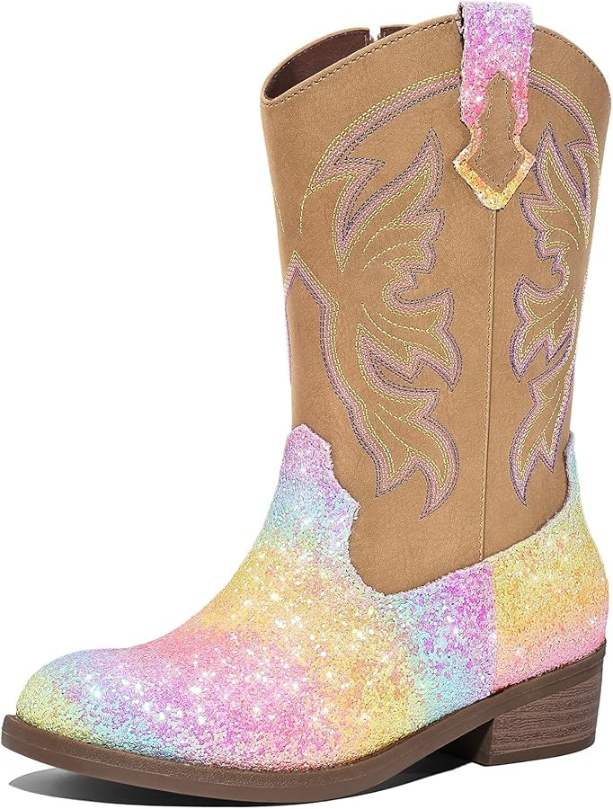 K KomForme Girls Cowgirl Boots Mid Calf Glitter Cowboy Boots Western Round-Toe Riding Shoes (Todd... | Amazon (US)