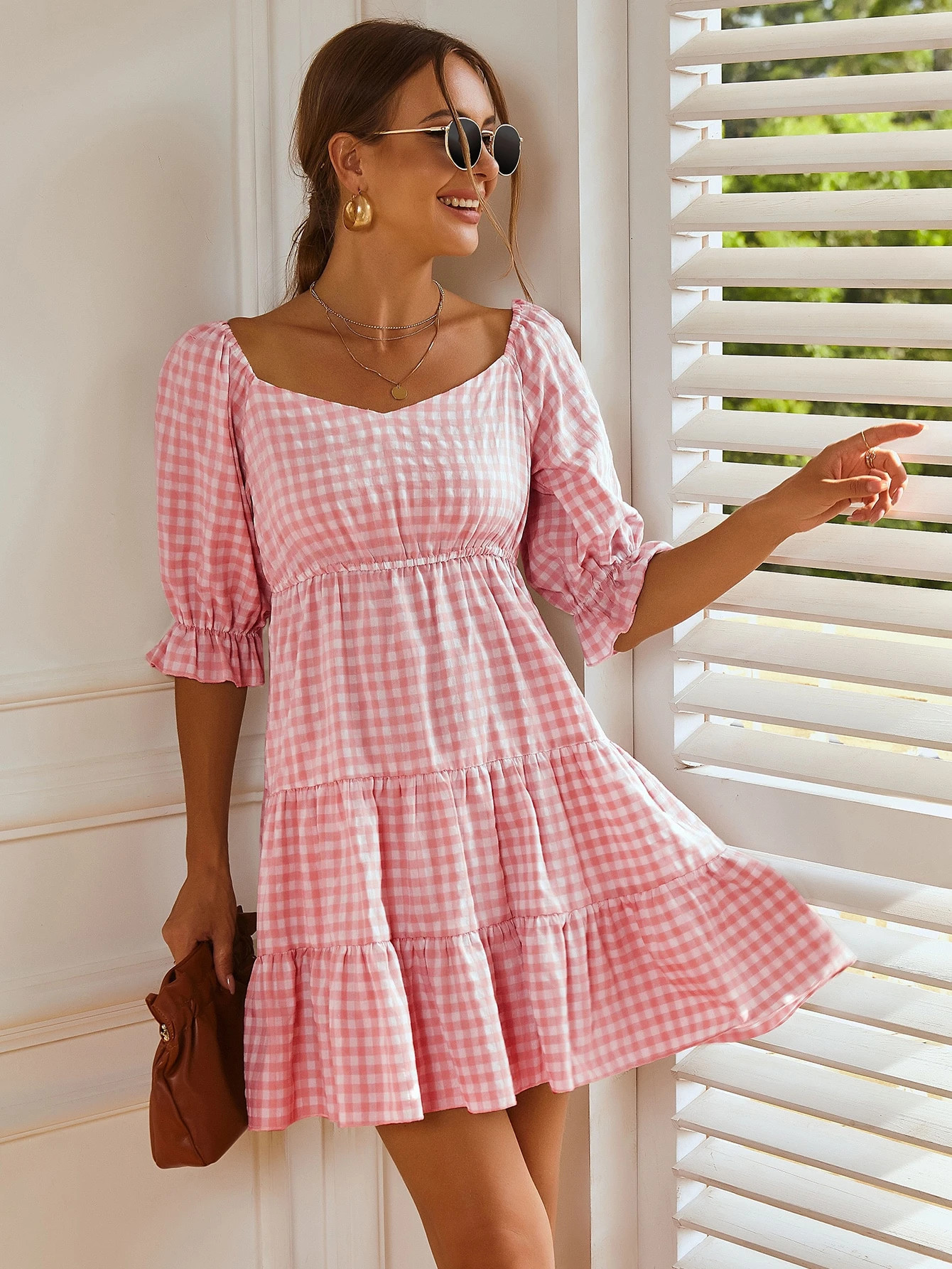 Sweetheart Neck Gingham Print Dress | SHEIN