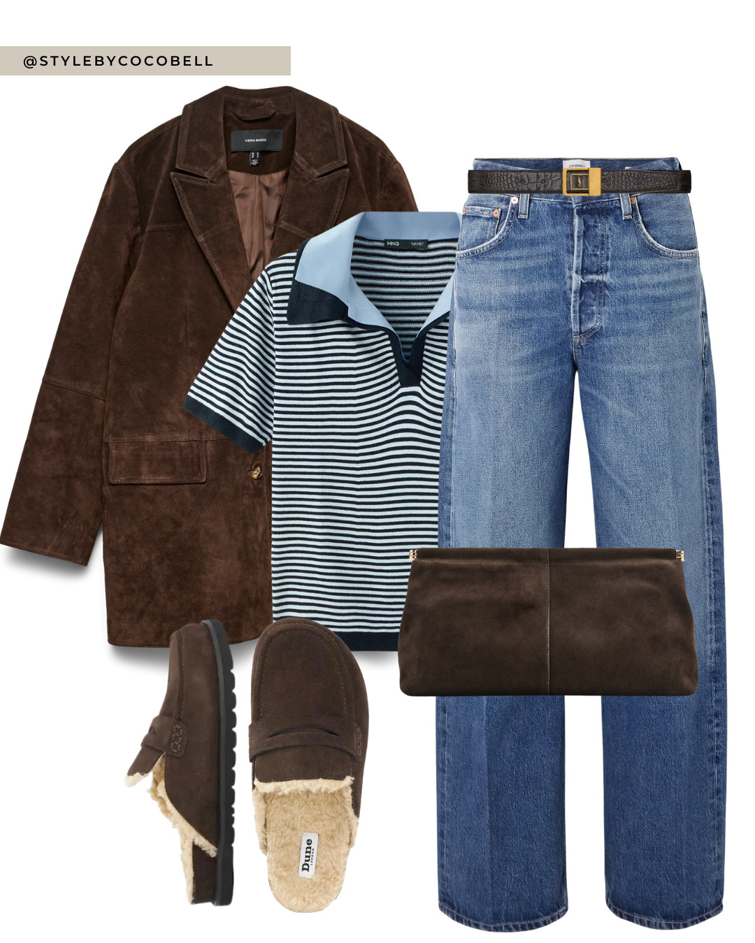 icy blue top, blue striped polo shirt, spring knit top, brown suede jacket, suede blazer jacket, straight leg jeans, classic blue jeans, brown belt outfit, chocolate brown accessories, shearling loafers, cozy chic outfit, casual spring outfit, icy blue color trend, effortless everyday look

#LTKspring