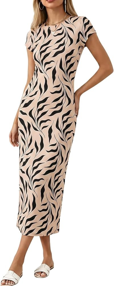 Wenrine Womens Summer Casual Midi Dress Floral Short Sleeve Crew Neck Long T Shirt Dresses Beach ... | Amazon (US)