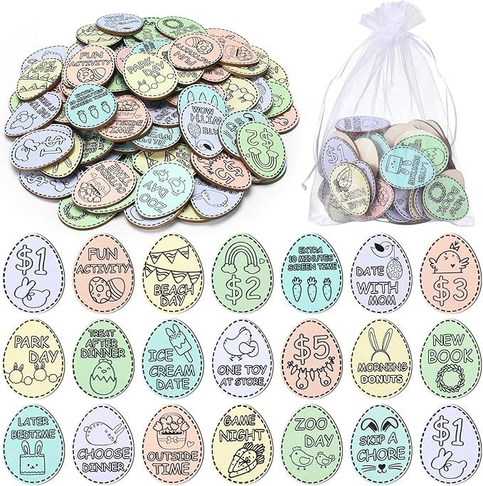 124 Pcs Easter Egg Tokens Set Includes 120 Pcs Wood Easter Reward Tokens with 20 Different Engrav... | Amazon (US)