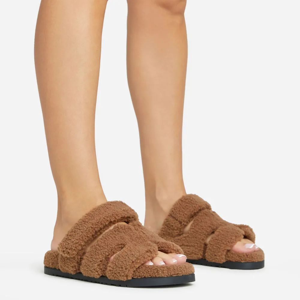Bratitude Gladiator Velcro Strap Flat Slider Sandal In Brown Faux Shearling | EGO Shoes (US & Canada)