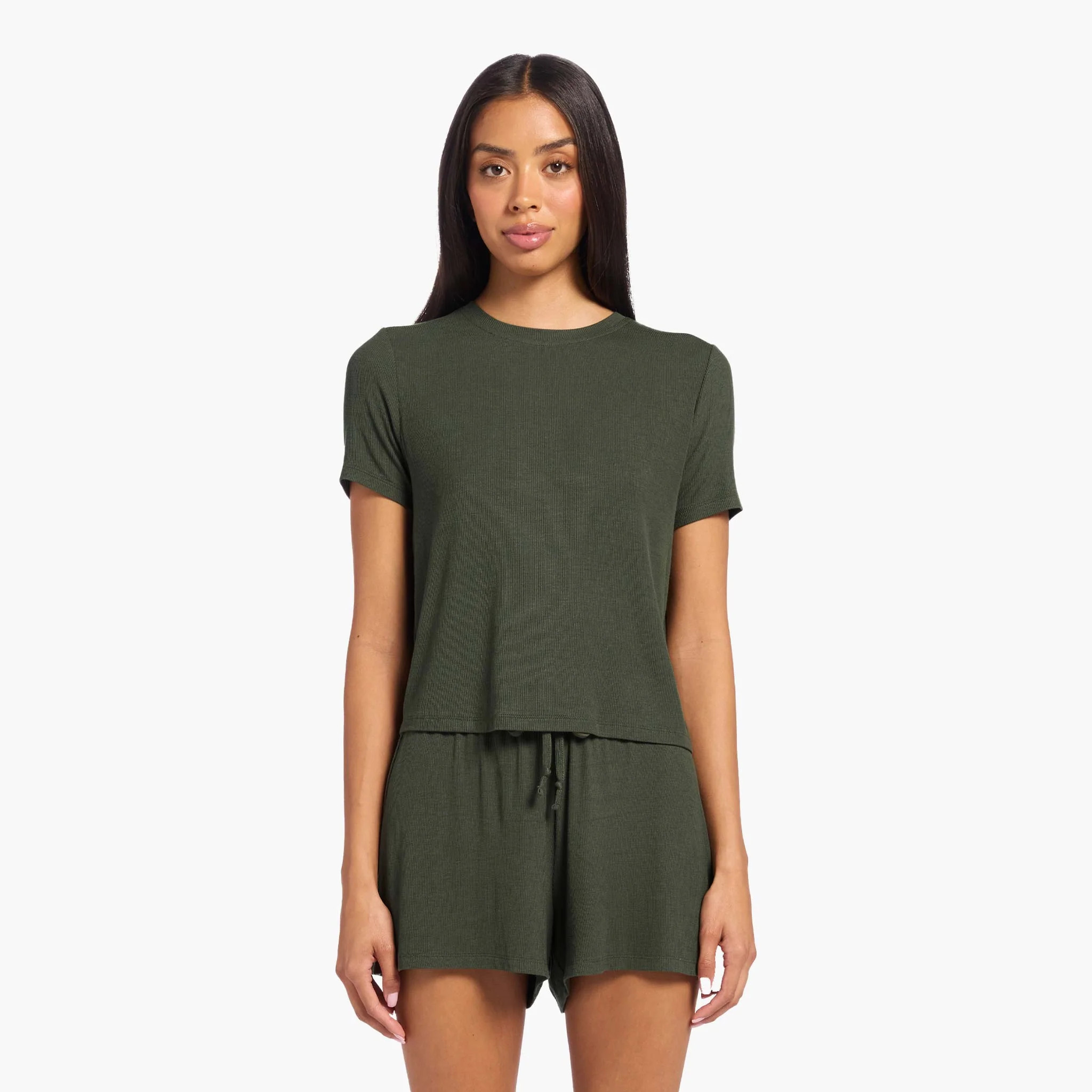 Ribbed Pajama Short Set | Darkest Olive | Nuuds US