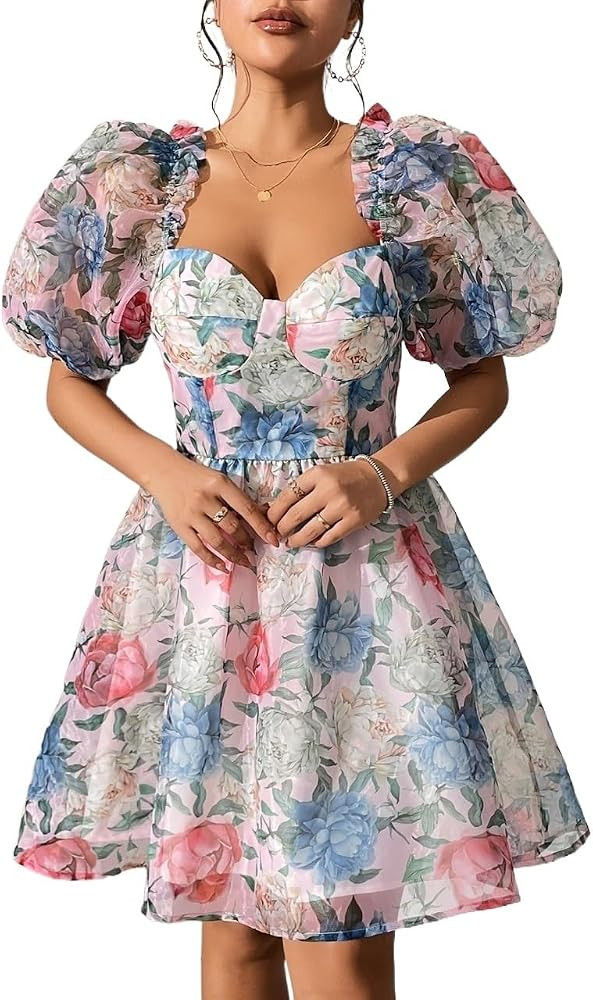 Dresses for Women 2023 Floral Print Neck Puff Sleeve Frill Trim Organza Short Dress Backless High... | Amazon (US)