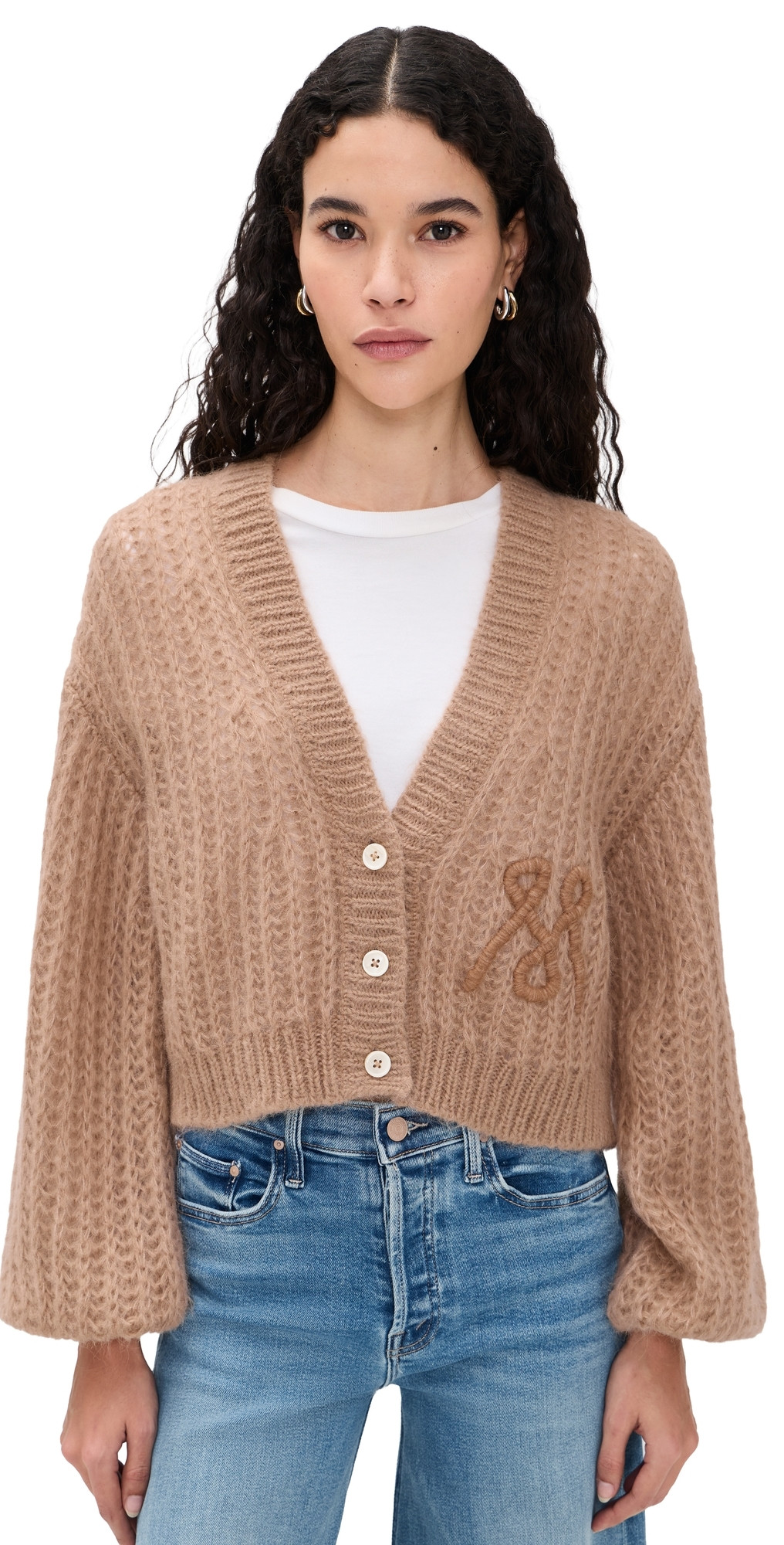 MOTHER The Puffy Sleeve Alpaca Varsity Cardigan Cotton Candy XL | Shopbop
