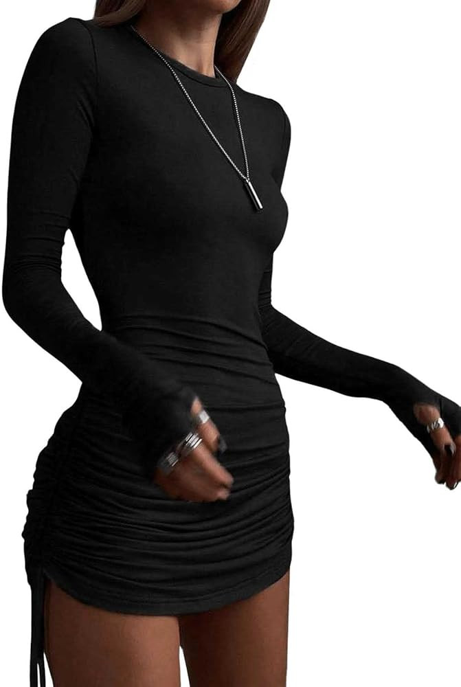 Women's Drawstring Side Ruched Bodycon Dress Solid Long Sleeve Crewneck Pencil Dress | Amazon (US)