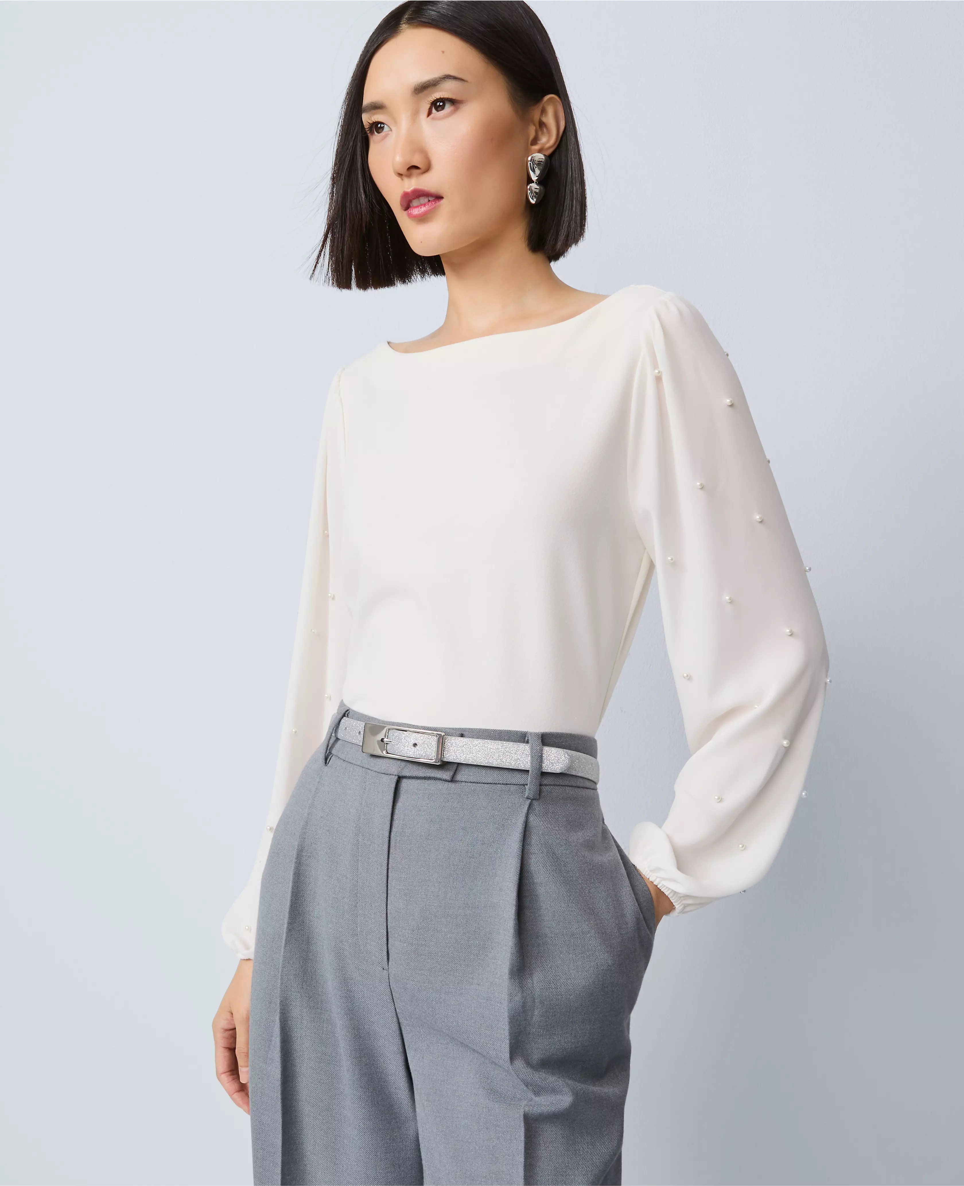 Petite Mixed Media Embellished-Sleeve Top | Ann Taylor
