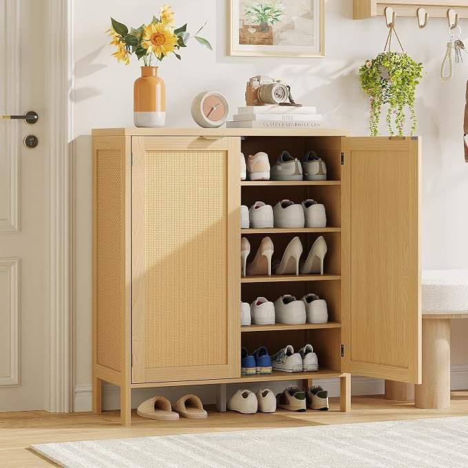 Maupvit Real Rattan Shoe Storage Cabinet with 2 Doors and 5 Shelves, Boho Shoe Organizer Cabinet,... | Amazon (US)