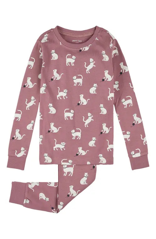 Petit Lem Kids' Cat Print Glow in the Dark Fitted Two-Piece Organic Cotton Rib Pajamas in Purple at Nordstrom, Size 5 | Nordstrom