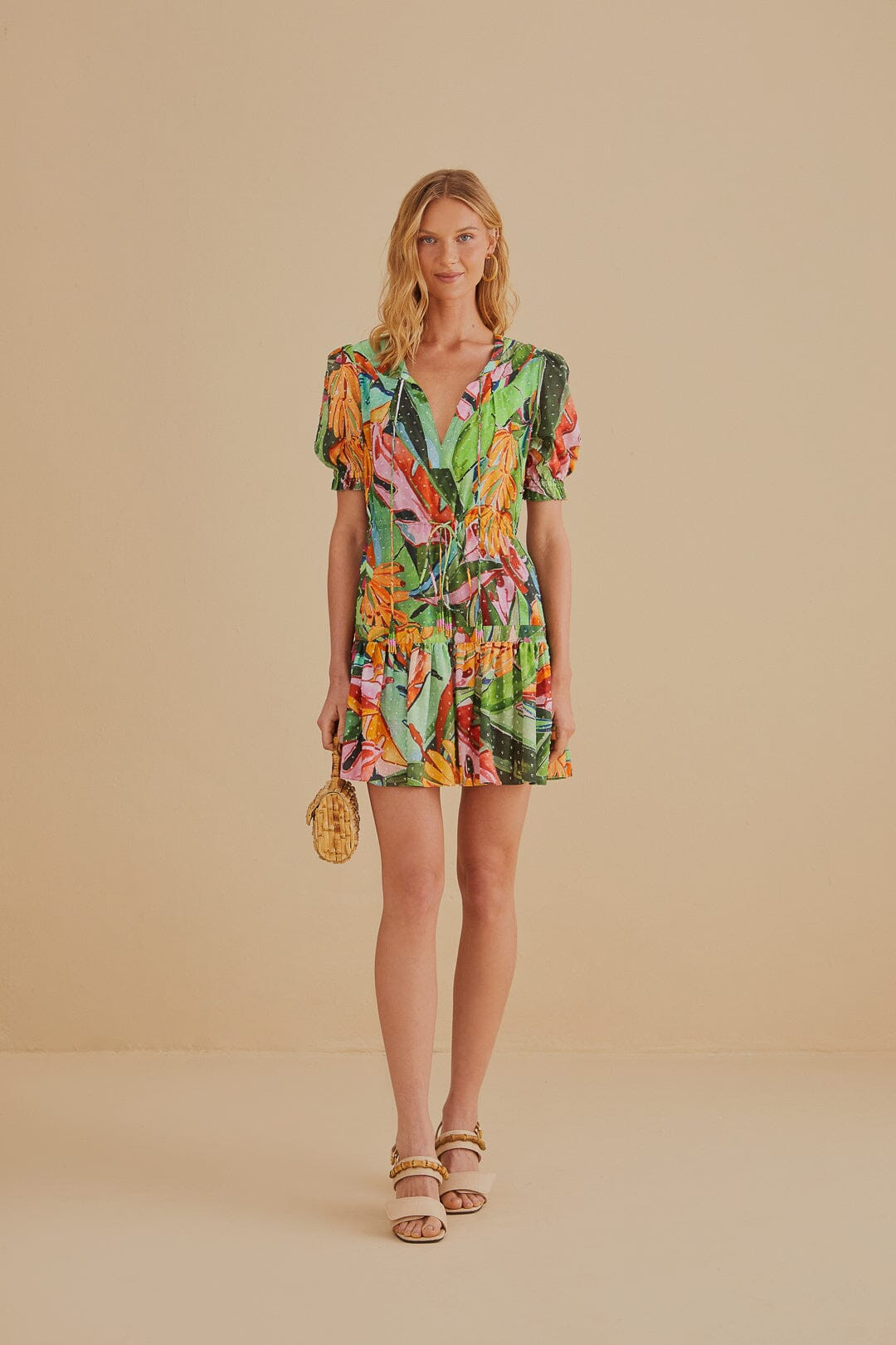 Multicolor Banana Foliage Short Sleeve Mini Dress | FarmRio (US)