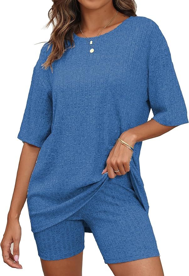 Women's Lounge Sets Pajamas Ribbed Knit Short Sleeve 2 Pieces Tshirt Bike Shorts Loungewear Outfi... | Amazon (US)