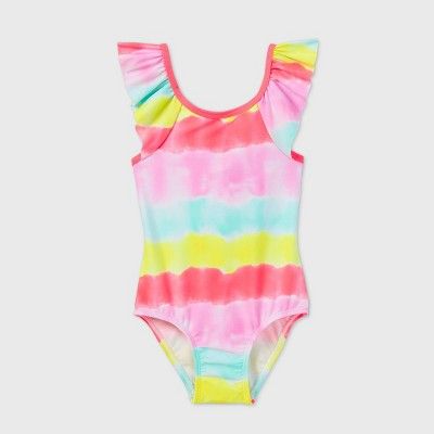 Toddler Girls' Tie-Dye Striped Ruffle Sleeve One Piece Swimsuit - Cat & Jack™ White | Target