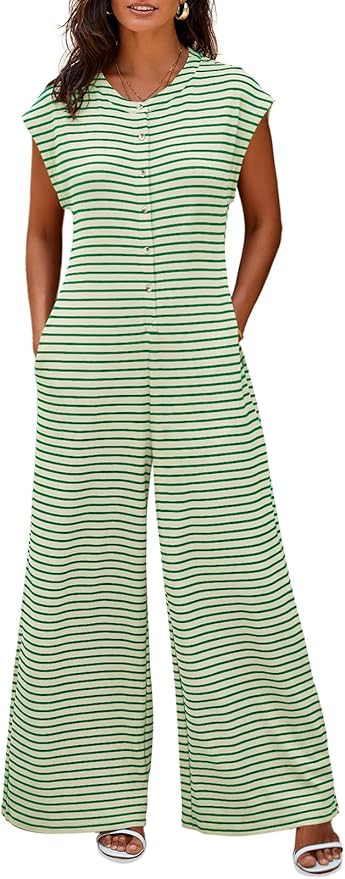 Cicy Bell Womens Casual Striped Jumpsuits Wide Leg Cap Sleeve Summer Jumper Crew Neck Button Down... | Amazon (US)
