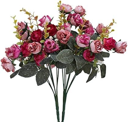 Luyue 7 Branch 21 Heads Artificial Silk Fake Flowers Leaf Rose Wedding Floral Decor Bouquet,Pack ... | Amazon (US)