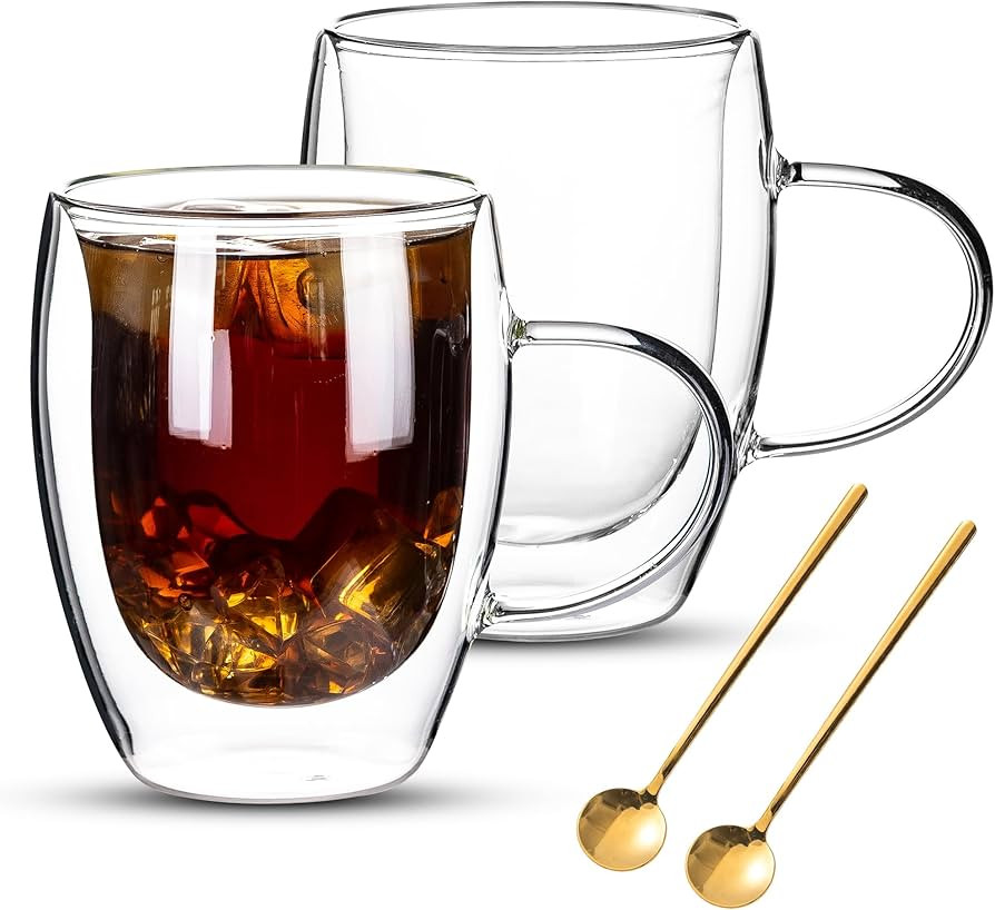 Double Wall Glass Coffee Mugs Set, Set Of 2 Glass Cup with 2 Gold Spoons, Clear Coffee Mug 12oz f... | Amazon (US)