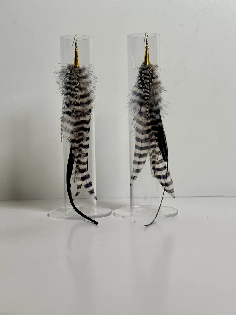 Handmade Feather Earrings, Black & White Grizzly - \u201ccheckmate\u201d - Etsy | Etsy (Global)