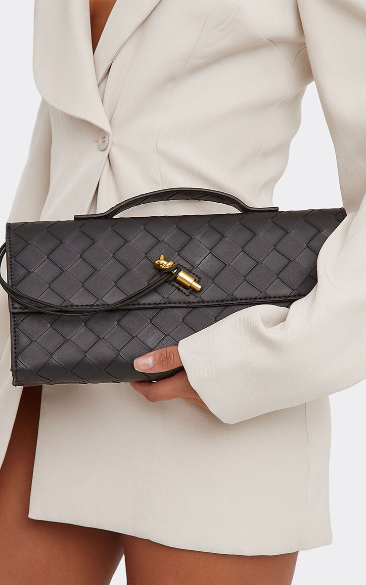 Tori Woven Detail Rectangle Shaped Clutch Bag In Black Faux Leather | EGO (UK)