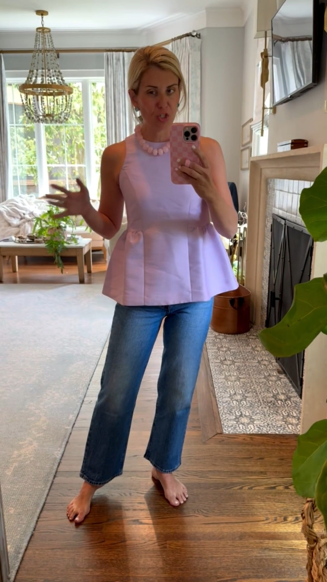 Oh I LOVE this top!! Option #2….let me know y’all think? Too tight? 
Top - 2 (ordering 4)
Jeans - 26
Heels 8 ttss
