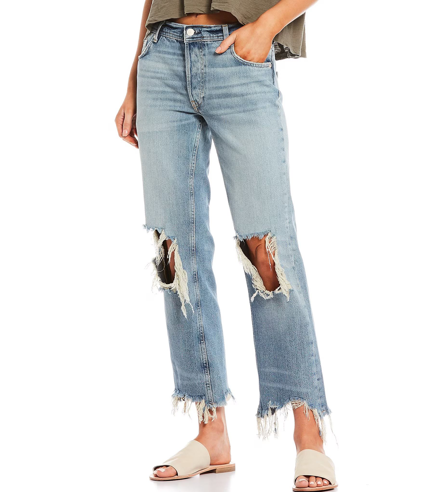 Maggie Straight Mid Rise Distressed Denim Jeans | Dillards