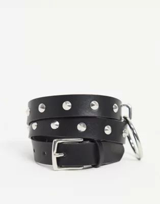 ASOS DESIGN skinny belt in black faux leather with studs and ring detail | ASOS (Global)