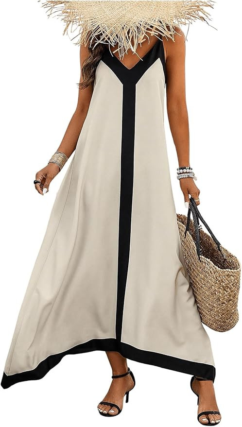 GORGLITTER Women's Sleeveless V Neck Oversized Maxi Long Dress Boho Bump Friendly Color Block Cas... | Amazon (US)