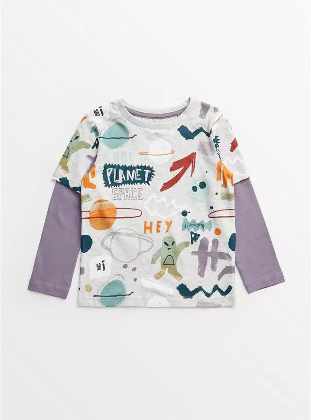 Buy Grey Marl Space Print Dual Sleeve T-Shirt 3-4 years | T-shirts and shirts | Tu | Tu Clothing