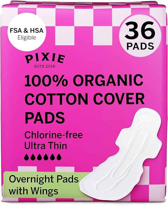 Pixie Organic Cotton Ultra Thin Overnight Pads for Women - Extra Heavy Absorbency with Wings - Le... | Amazon (US)