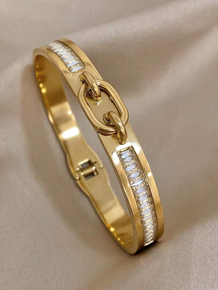 1pc Gold Color Buckle Decor Zirconia Stainless Steel Bracelets Women Minimalist Cuff Bracelets Ch... | SHEIN
