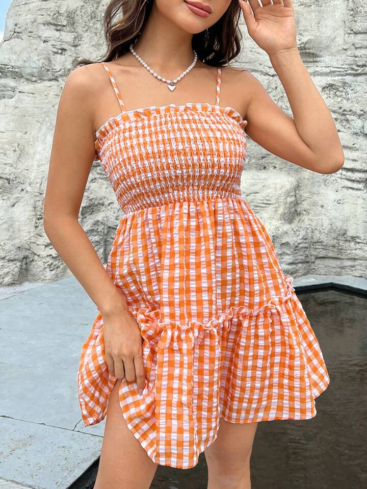SHEIN Qutie Gingham Print Ruffle Hem Cami Dress | SHEIN