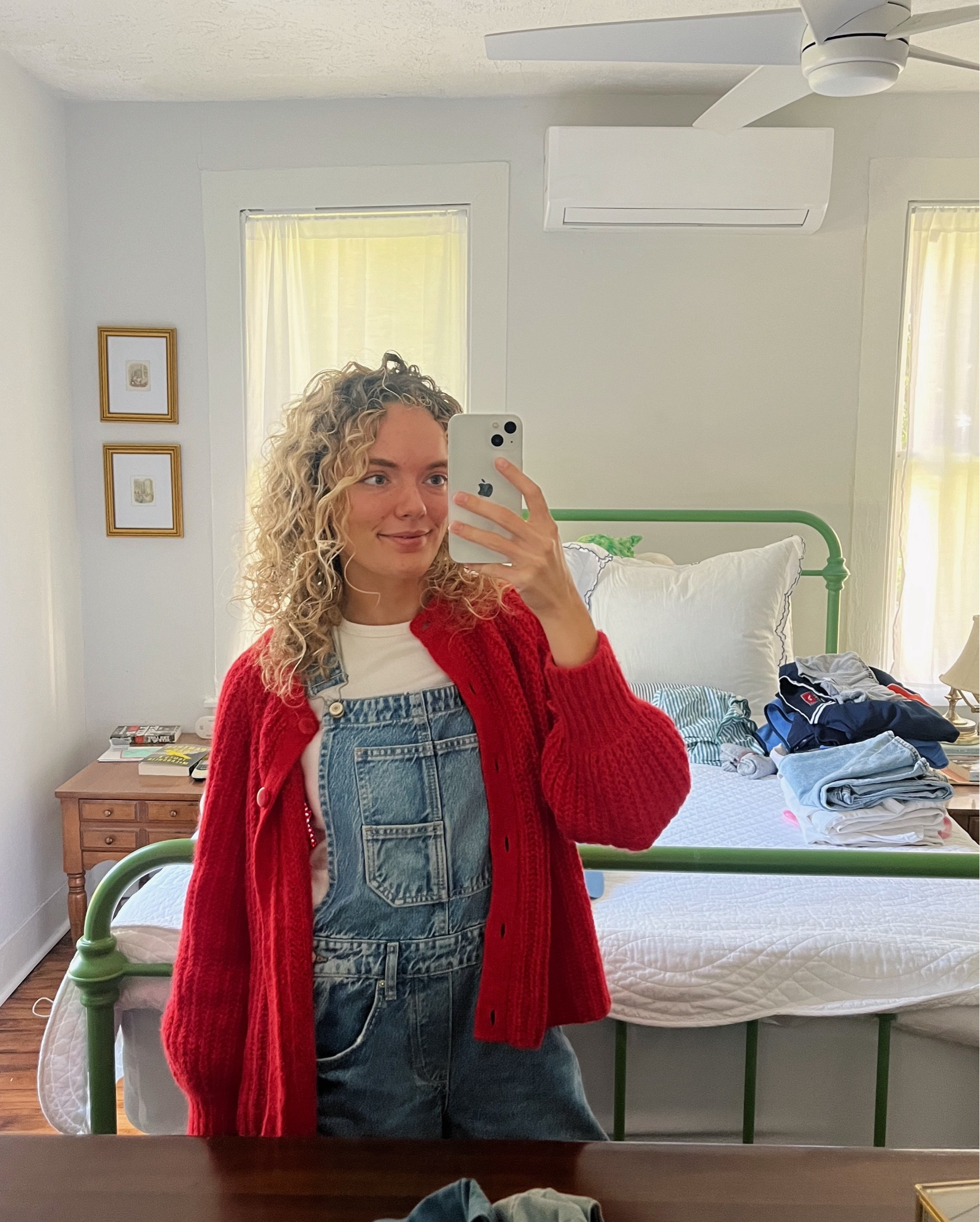 Sezane red cardigan and the just comfortable barrel leg overalls from free people! Living in these all season  

#LTKSeasonal #LTKFindsUnder100 #LTKStyleTip