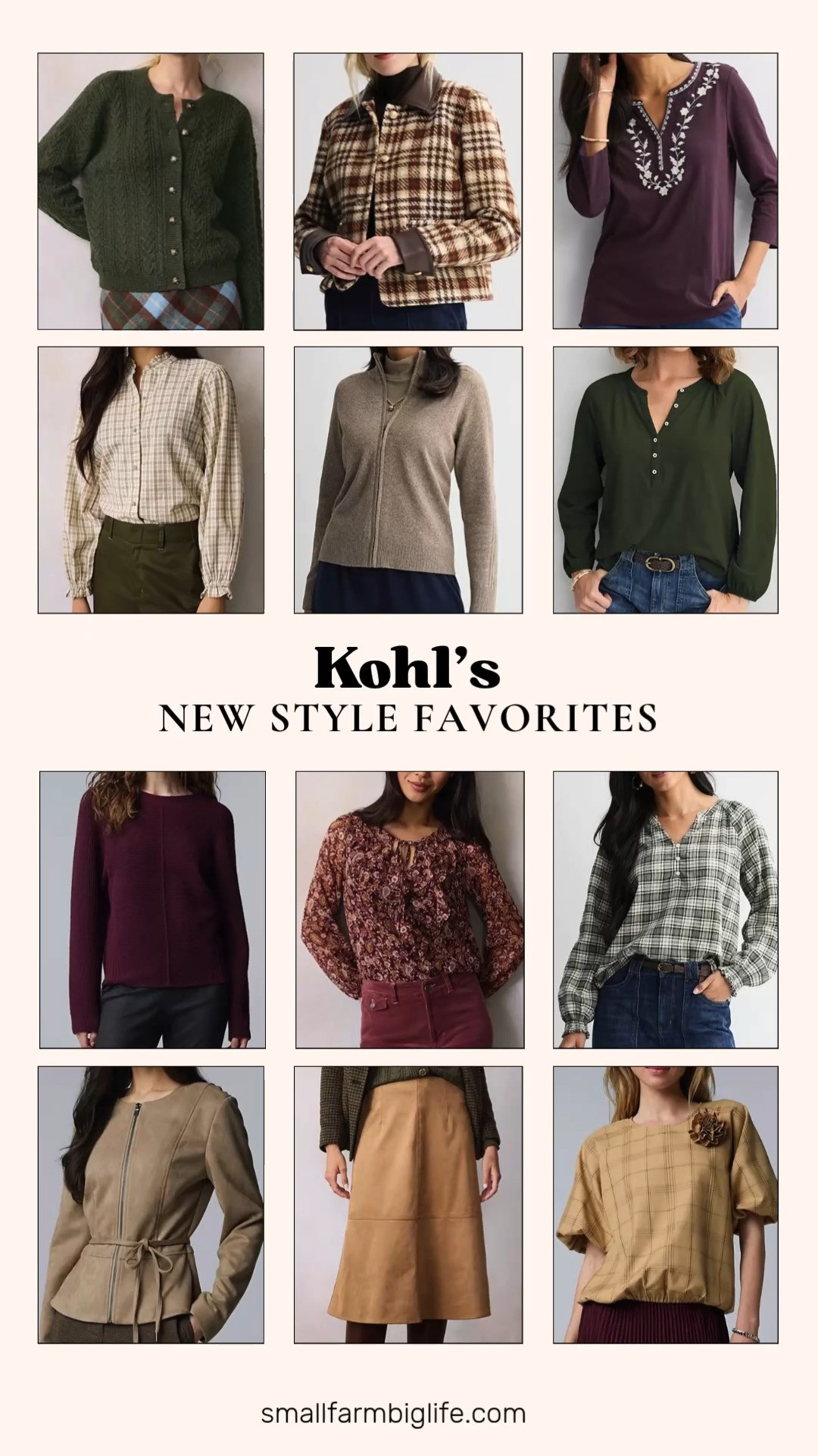 Kohl's New Style Favorites

This roundup is full of rich fall colors and prints, perfect for building out fall outfits women can wear from the office to date night. The army green knit peasant blouse and the wine and tan paisley v neck blouse both add a little print to your rotation, while the green and beige plaid mockneck blouse and the green and cream plaid smocked henley top bring in a classic fall pattern.

For business casual workwear, the brown plaid button front collared jacket and the tan faux suede cinched waist jacket both dress up any outfit instantly, and the tan faux suede button front midi skirt is an easy work outfit staple to pair with a blouse or sweater. The olive green pointelle cable cardigan with gold buttons and the tan heather saddle sleeve full zip sweater are both great layering pieces for cooler days.

For something with more texture, the berry crewneck pullover sweater, the plum embroidered split neck top, and the tan plaid floral applique blouse round out the collection with soft, feminine details perfect for teacher outfits or an easy date night look.

#falloutfits #workoutfits #businesscasual #dateoutfits #fallstyle 

 #LTKootd #LTKOver40 #LTKWorkwear