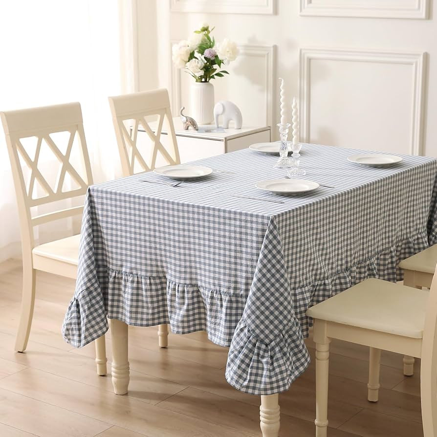 Dust Blue White Plaid Gingham Ruffled Table Cloth for Rectangle Table 6-8 Seats, 100% Washed Cott... | Amazon (US)