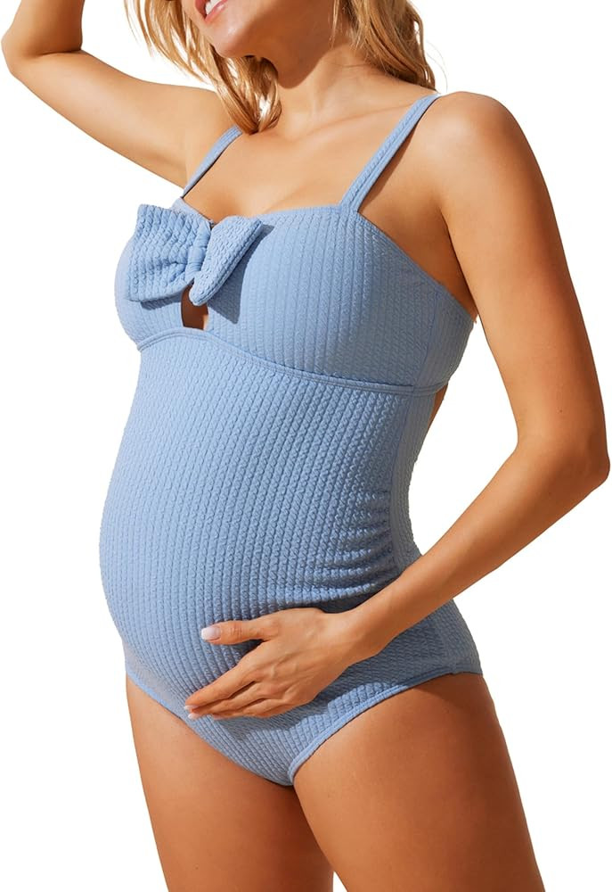 Maacie Maternity One Piece Swimsuit Bow Tie Pregnancy Knit Swimwear Ring Cutout Ruched Bathing Su... | Amazon (US)