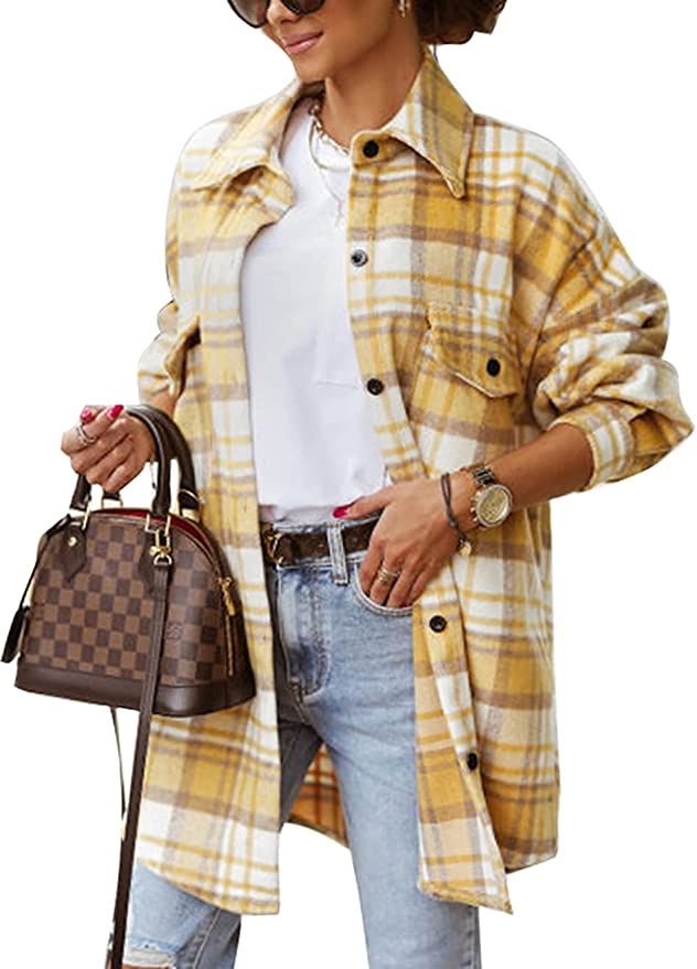 KIRUNDO Women's Long Plaid Shirts Jacket Shacket Coats Casual Boyfriend Button Down Shirts Long S... | Amazon (US)