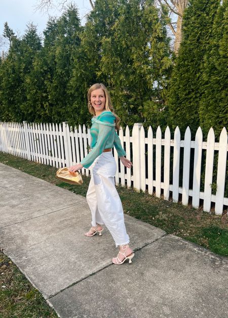 Marble knit sweater top and white barrel jeans 