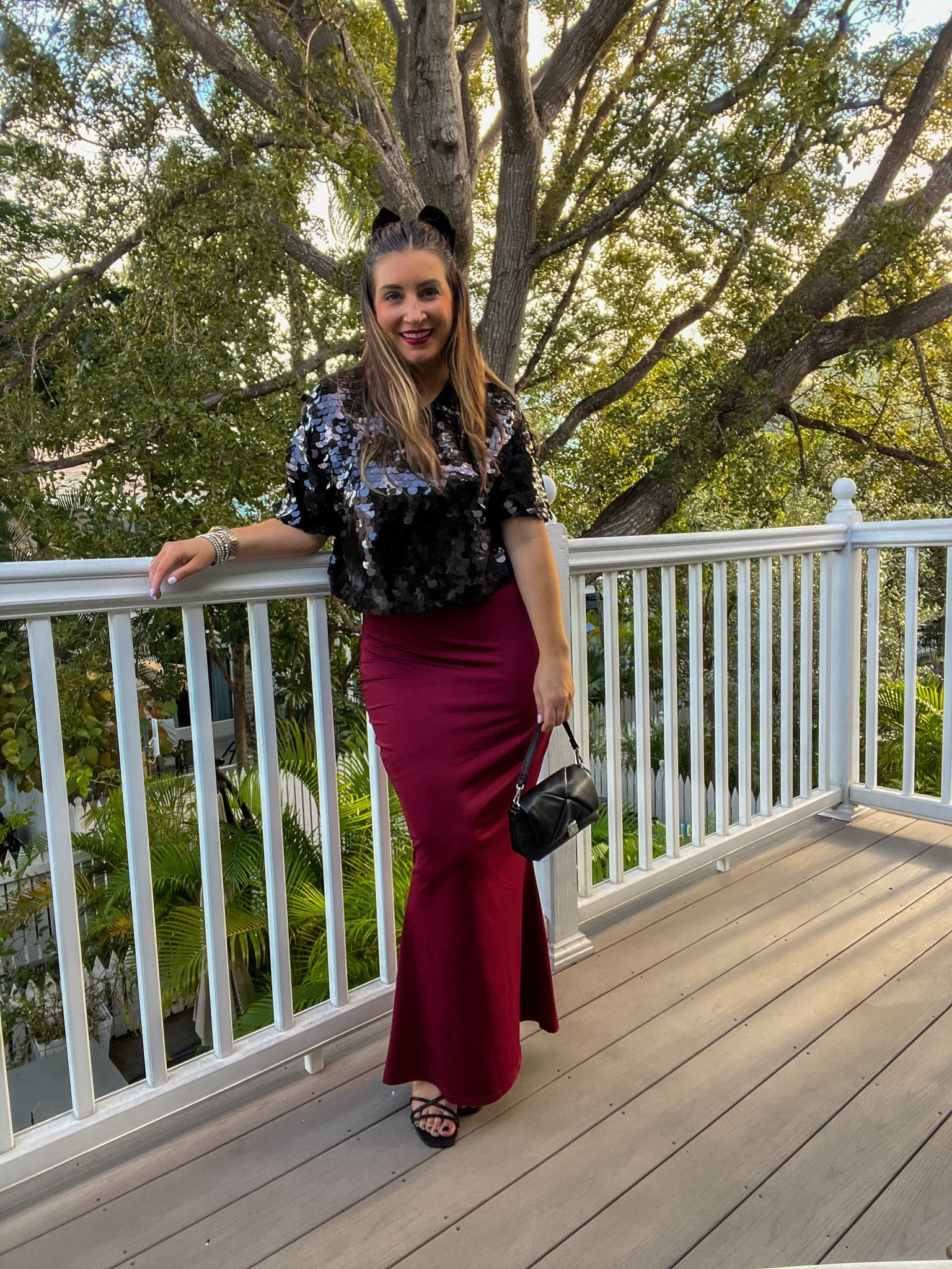 Amazon maxi dress, Target sequin crop top, mini black handbag, rhinestone velvet hair bow, black sandals, black heels, outfit of the night in Florida, casual outfit, date night look 

#LTKfindsunder50 #LTKstyletip #LTKHoliday