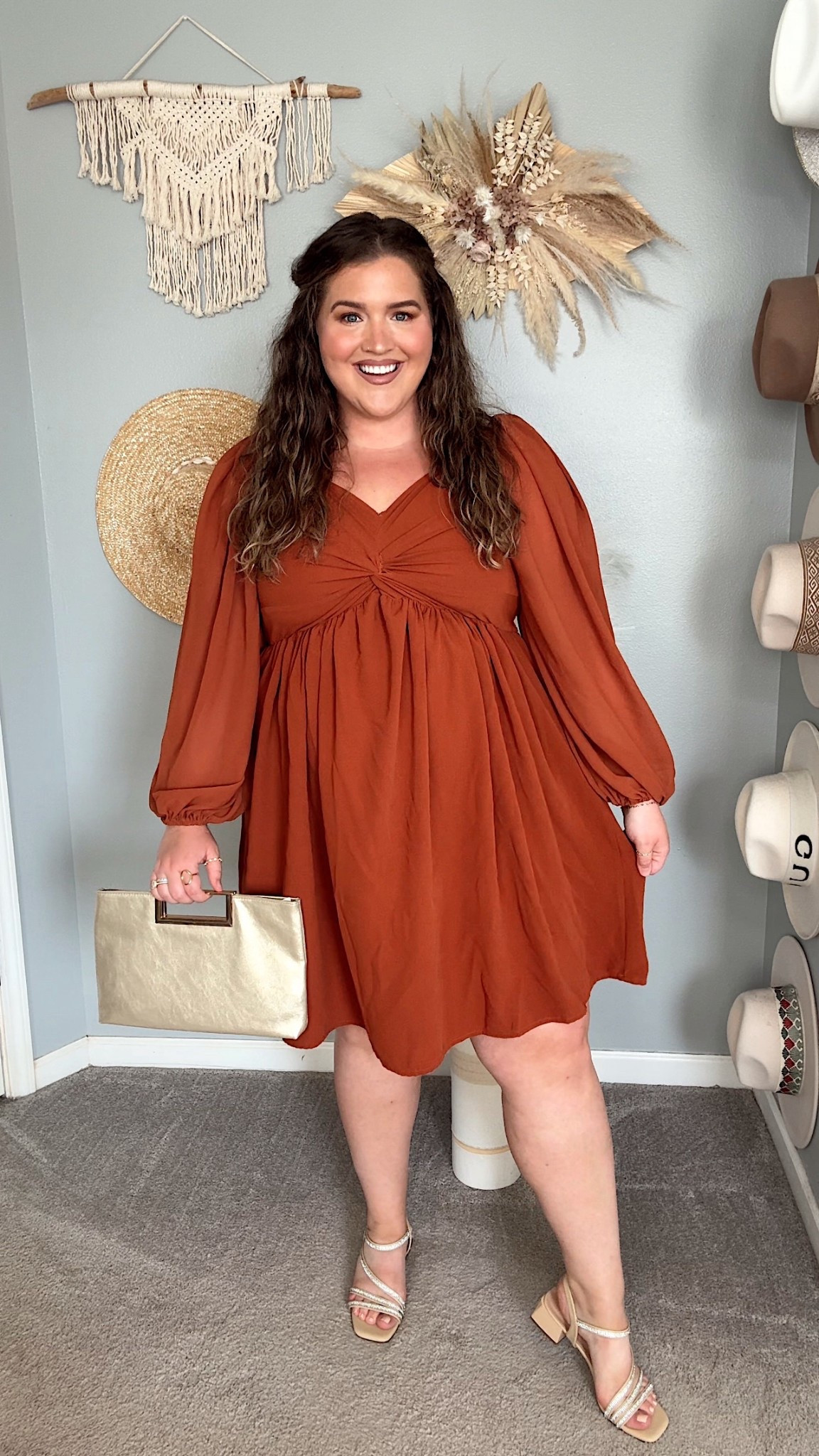 Curvy early Fall mini wedding guest dresses 🍂🥂 Long sleeve burnt orange color. Wearing a size XXL

#LTKPlusSize #LTKStyleTip #LTKFindsUnder50