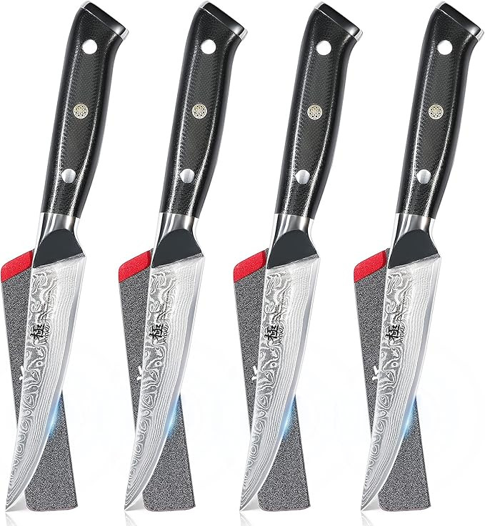 KYOKU Damascus Non-Serrated Steak Knives Set of 4 - Shogun Series - Japanese VG10 Steel - with Sh... | Amazon (US)