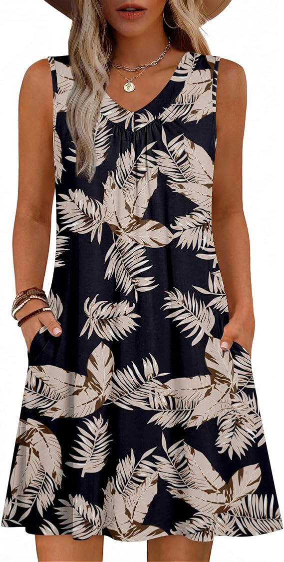 Zeagoo Summer Dresses for Women 2026 Sleeveless Dress V Neck Tank Dress Pleated Floral Tshirt Sun... | Amazon (US)