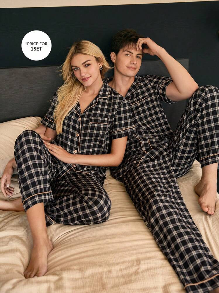 SHEIN Women's Retro Plaid Print Contrast Trim Short Sleeve & Pants Pajama Set, Suitable For Summer & Autumn Matching Pajama Set Couple | SHEIN