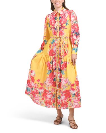 Long Sleeve Floral Maxi Dress With Border Detail Belt | TJ Maxx