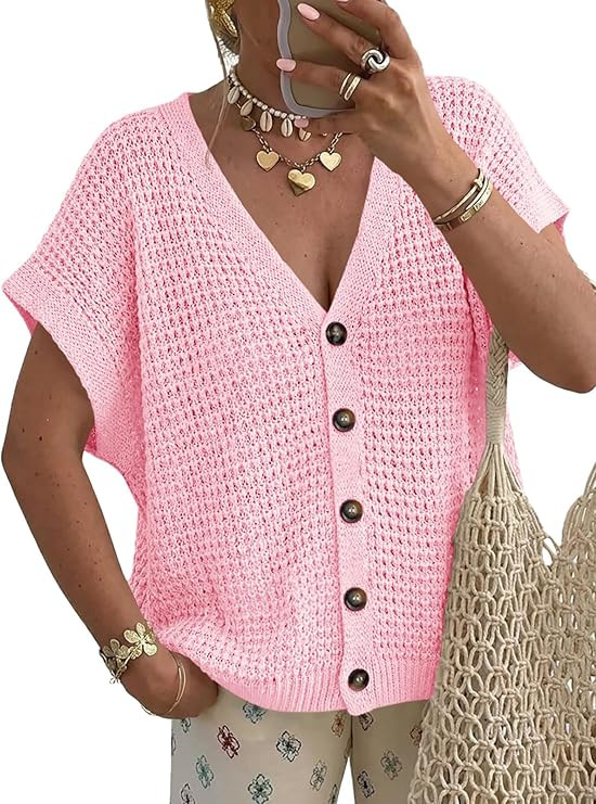 Fisoew Women's Short Sleeve Crochet Cardigans Sweater Tops Summer Button Down V Neck Casual Knit ... | Amazon (US)