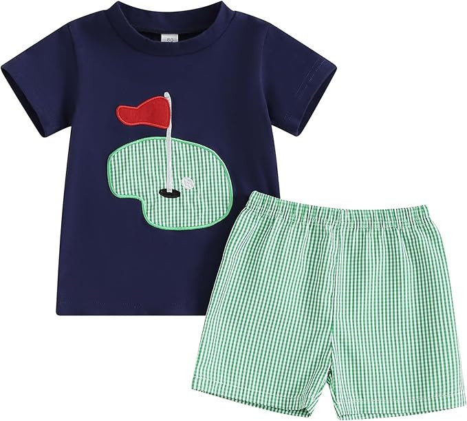 Baby Boy Girl Summer Clothes Golf Embroidery T Shirt Gingham Plaid Shorts Set 2Pcs Sports Outfit | Amazon (US)