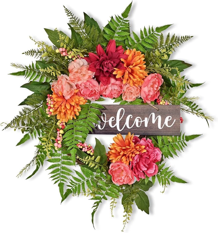 20 Inch Wreath for Front Door Spring Summer Handmade Wreaths Artificial Flowers Garland for Front... | Amazon (US)