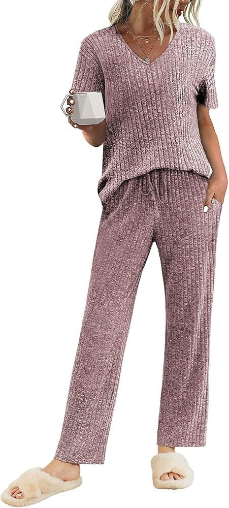 Ekouaer Womens Ribbed Knit Lounge Set Short Sleeve Top and Long Pants Sleepwear Pajama Set Two Pi... | Amazon (US)
