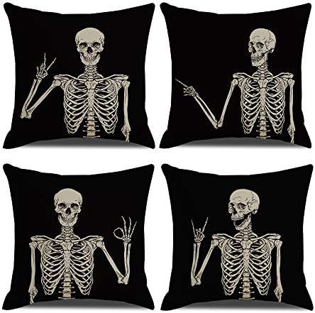 AFEHO Set of 4 Skeleton Decoraive Throw Pillow Covers 18 x18 Inch Square Linen Fabric Black Goth ... | Amazon (US)