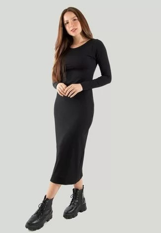 Vestido Midi Fitss Manga Longa 527 Ribana Canelado Preto | Dafiti (BR)