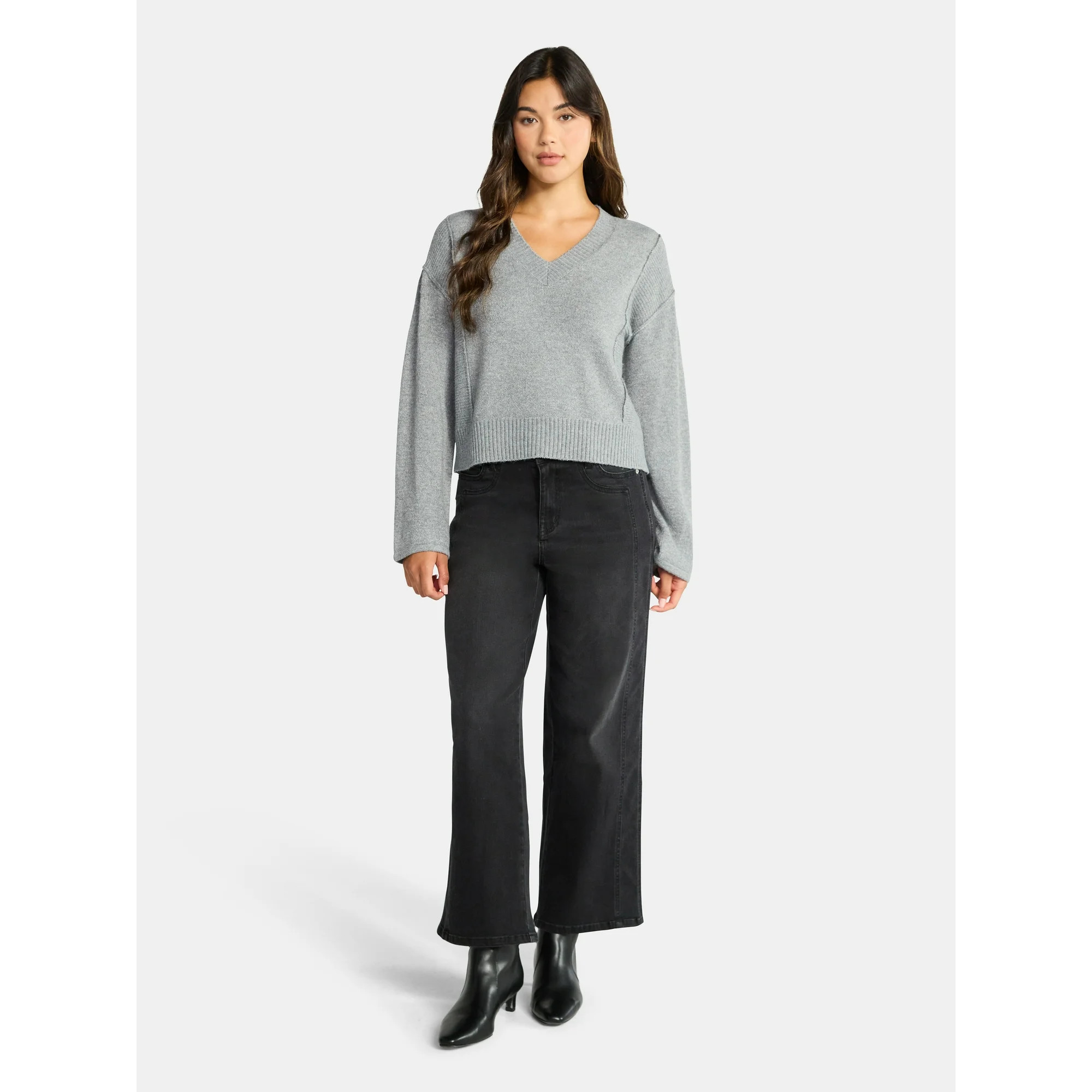 Time and Tru Women's Ribbed V Neck Sweater, Lightweight, Sizes XS-XXXL | Walmart (US)