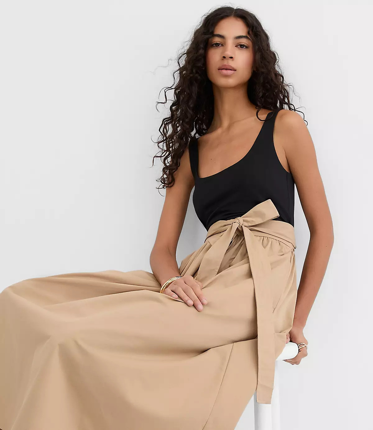 Tie Waist Mixed Media Midi Pocket Dress | LOFT