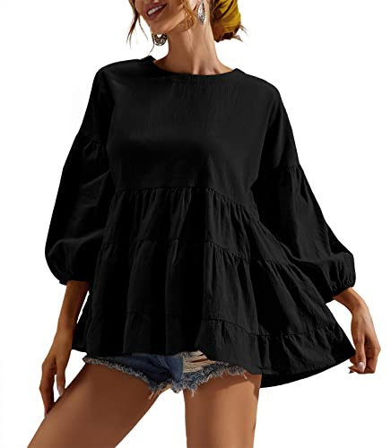 Women's Peplum Tops 3/4 Lantern Sleeve Crewneck Loose Babydoll Shirt Blouse | Amazon (US)